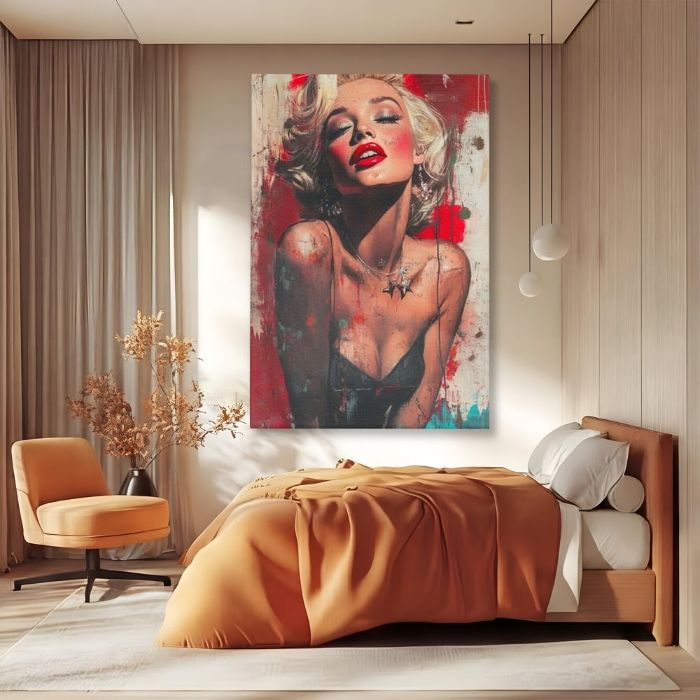 Tablou canvas cu tablou canvas cu portret pop art blonda buze rosii, fara rama, pe sasiu de lemn, pe perete intr-un dormitor